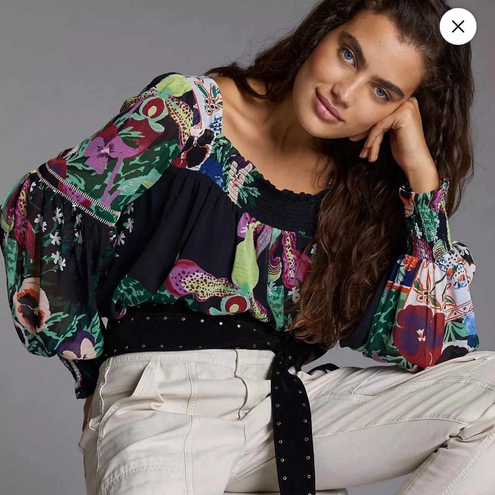 Anthropologie Lil Sire Puff-Sleeved Smocked Floral Sheer Blouse Black Medium